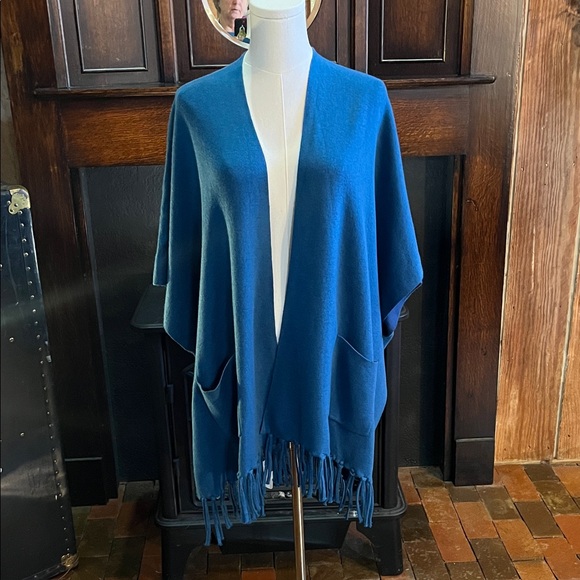 Accessories - Blue Fringe Open Front Poncho with pockets